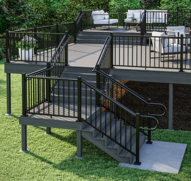 Voyage Decking in Sierra with Contemporary Aluminum Rail in Textured Black with ADA-Complient Graspable Handrail
