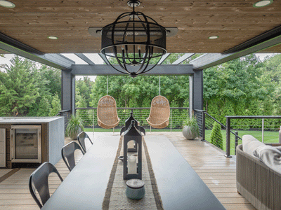 Outdoor Living Area with Deckorators Contemporary Cable Railing