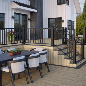 Deck with Steps off Back of House with Voyage Decking in Costa and Contemporary Rail in Textured Black #color_textured-black
