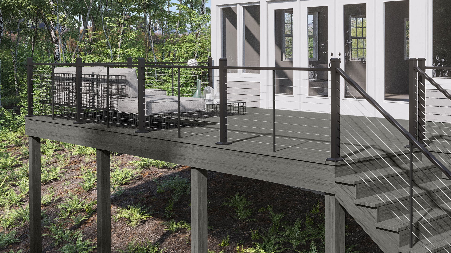 Deckorators Voyage Decking and Fascia in Sierra with Contemporary Cable Rail in Textured Black #color_sierra