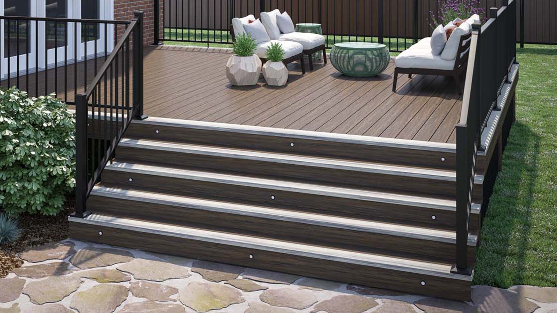 Composite Deck with Deckorators Deck Lighting Recessed within the Stairs