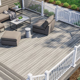 Large Deck with Couch and Chair Made of Deckorators Voyage Decking in Tundra and Sierra and Contemporary Rail in Textured White #color_textured-white