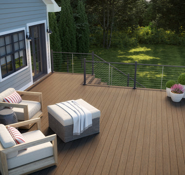 Outdoor space with Voyage Decking with Contemporary Cable Rail