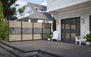 rivacy Screen System with Screen Panels in Pier and Privacy Slats in Gray paired with Voyage Decking in Sierra and Picture Frame Board and Step Treads in Dark Slate