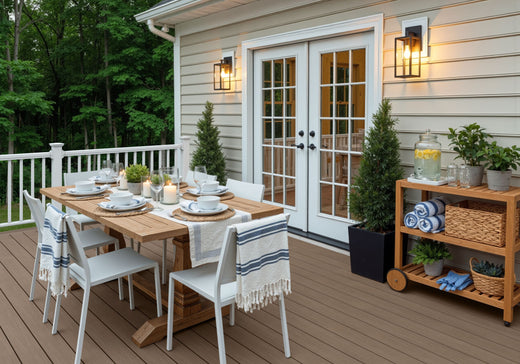 Outdoor deck with wooden table set for dinner, French doors, and a storage cart with plants and towels.