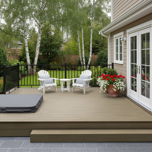 Backyard deck with chairs, table, and hot tub near a house with a garden and trees.
