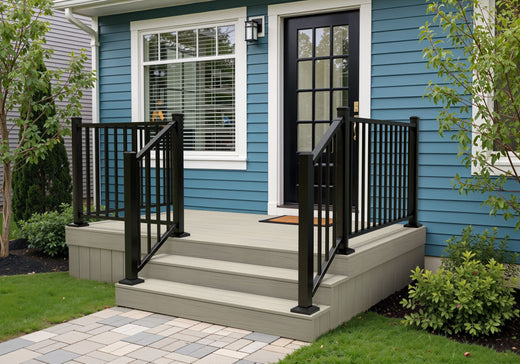 Front entrance of a house with a blue exterior, black railing, and gray steps.