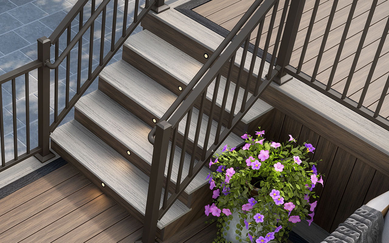 Deck Stairs Made From Deckorators Voyage Composite Decking in Khaya and Tundra