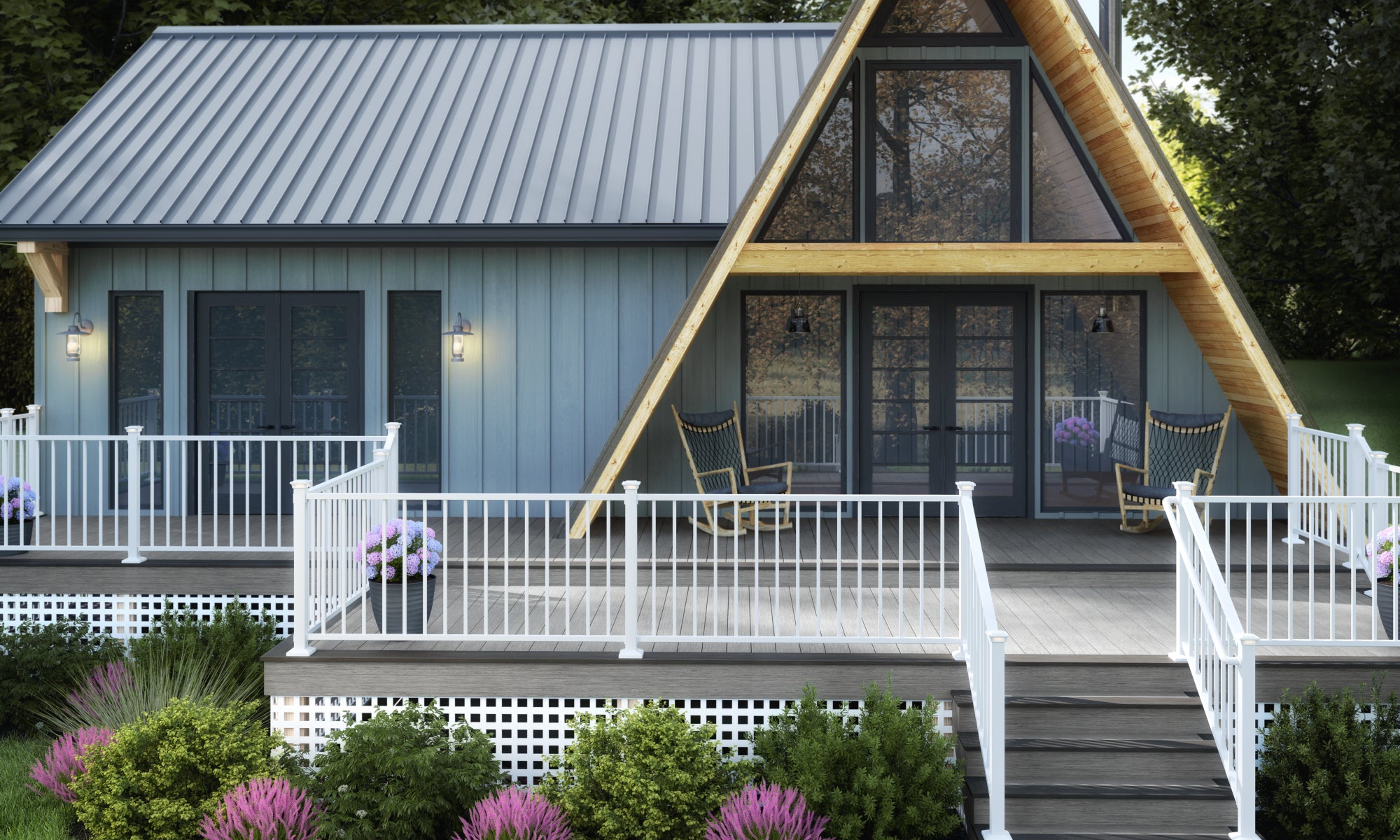 A-Frame House with Deck Constructed From Deckorators Composite Decking and Contemporary Railing in Textured White