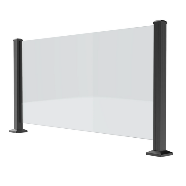 A black aluminum glass rail post kit, featuring a durable aluminum post and base trim without a glass panel.