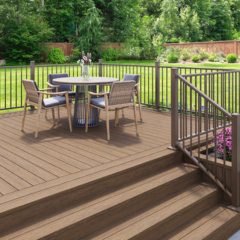 Backyard Deck Made with Venture Decking in Sandbar and Rapid Rail in Weathered Brown #color_sandbar