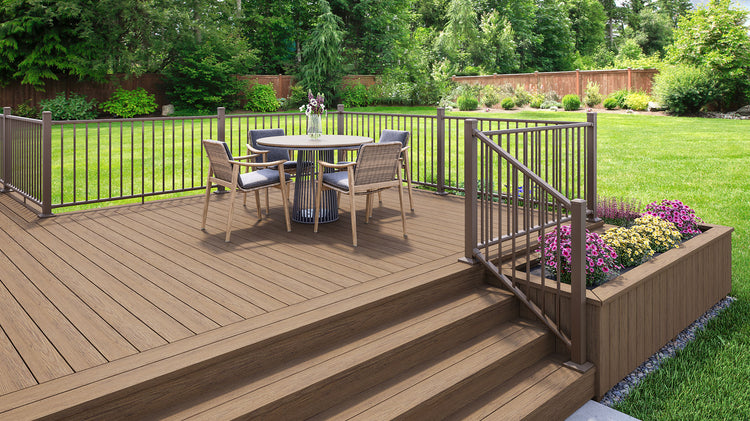 Backyard Deck Made with Venture Decking in Sandbar and Rapid Rail in Weathered Brown #color_sandbar