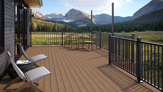 House with deck off back made of Deckorators Altitude Decking in Sequoia and Contemporary Rail