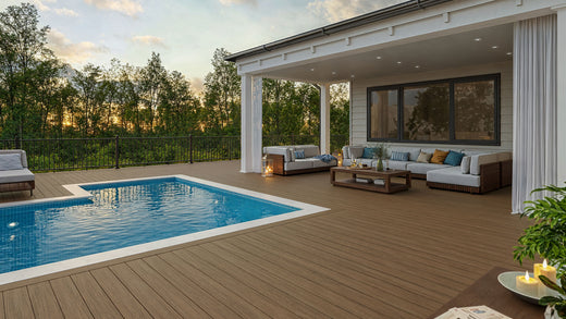 Modern pool setting with deck made of Deckorators Summit Decking in Boulder