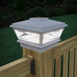 Close-up of Deckorators Solar VeraCaps in White on Wood Railing #color_white