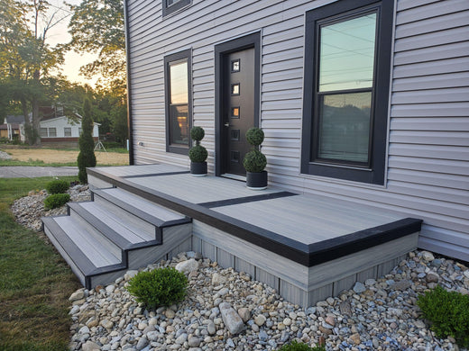 Front Porch Built Using Deckorators Voyage Decking in Tundra with Picture Framing in Dark Slate