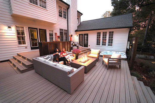 Deckorators Voyage Deck in Costa with Furniture and Fire Pit