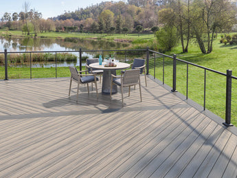Landscape with Pond and Deck made of Deckorators Contemporary Cable Railing in Textured Black 