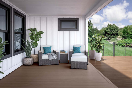 White House with Deckorators Porch Flooring in Chicory and Vault Decking in Mesquite