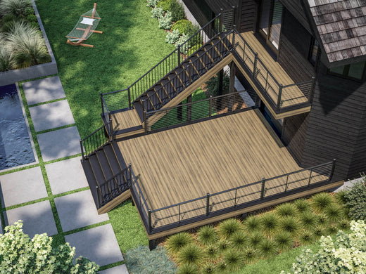 Multi-tiered Deck Built Out of Deckorators Voyage Decking in Costa and Contemporary Cable Rail in Textured Black