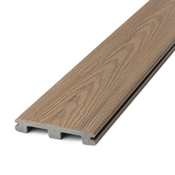 Angled Close-up Venture Grooved Deck Board in Sandbar #color_sandbar