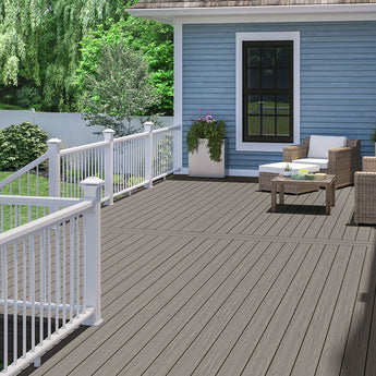 Blue House with Deck Made from Deckorators Venture Decking and White Rapid Rail #color_saltwater