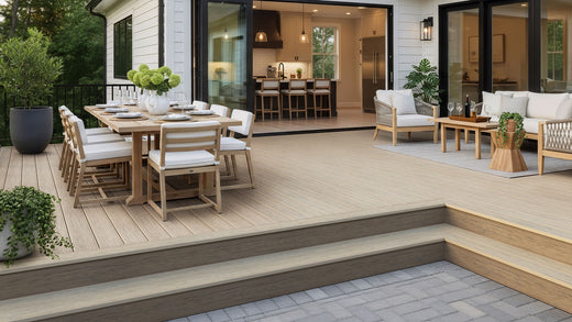 White house with composite deck attached made of Deckorators Venture Decking in Shoreline color