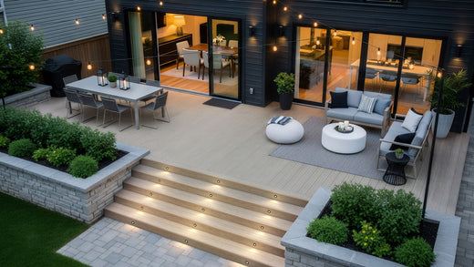 Black house with composite deck attached made of Deckorators Venture Decking in Shoreline color