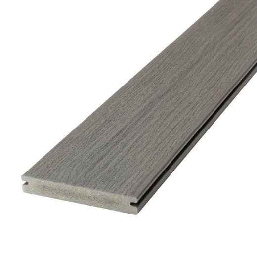Angled Close-up Vista Grooved Deck Board in Driftwood
