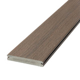 Angled Close-up Vista Grooved Deck Board in Ironwood #color_ironwood