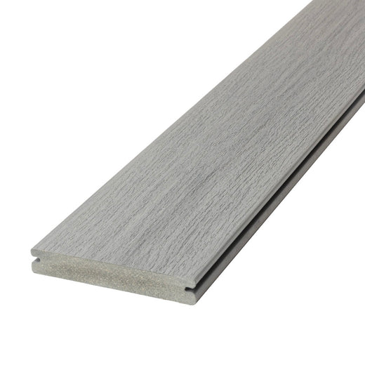 Angled Close-up Vista Grooved Deck Board in Silverwood