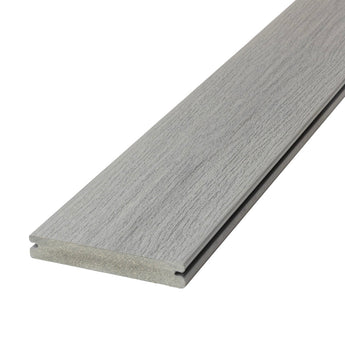 Angled Close-up Vista Grooved Deck Board in Silverwood #color_silverwood