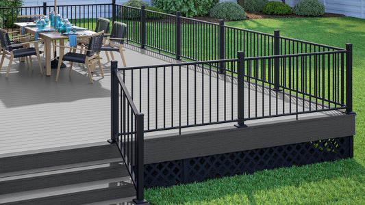 Deckorators Rapid Rail on Large Deck in Textured Black with Vista Decking and Fascia in Driftwood #color_textured-black