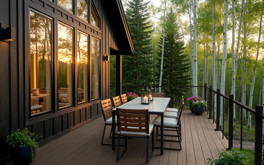 Outdoor deck with dining table and chairs near a wooden cabin in a forest setting