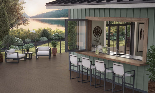House with Outdoor Bar Counter with Deckorators Vista Decking in Ironwood and Contemporary Cable Rail in Textured Black