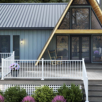 A-Frame House with Deckorators Vista Deck in Silverwood and Contemporary Railing in Textured White #color_silverwood