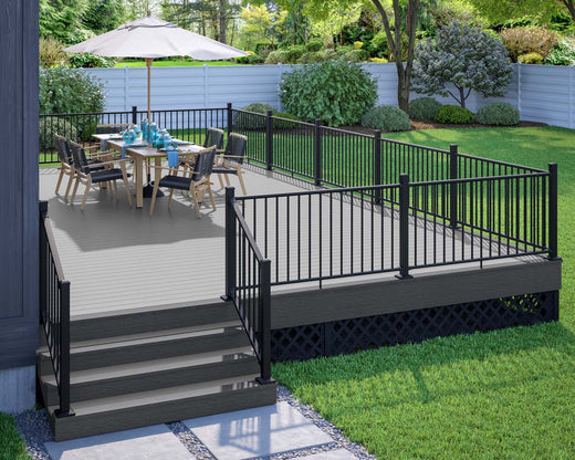 Deck With Stairs Made with Deckorators Vista Decking in Silverwood and Rapid Rail in Textured Black