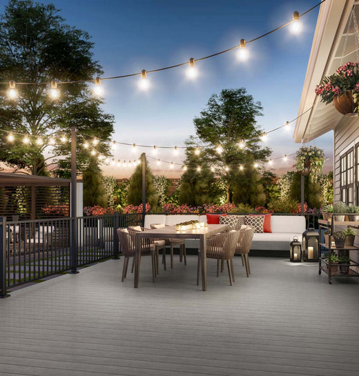 Deck with String Lights Made of Deckorators Vista Decking in Silverwood