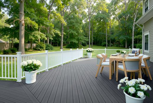 Outdoor deck with dining table, chairs, and potted plants in a residential setting