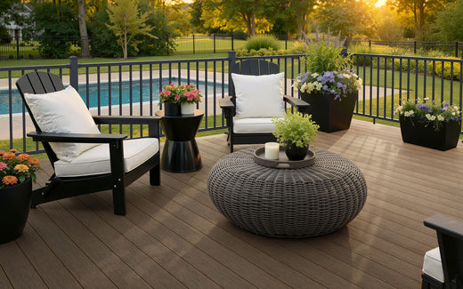 Outdoor patio setting with chairs, table, and decorative elements on a wooden deck