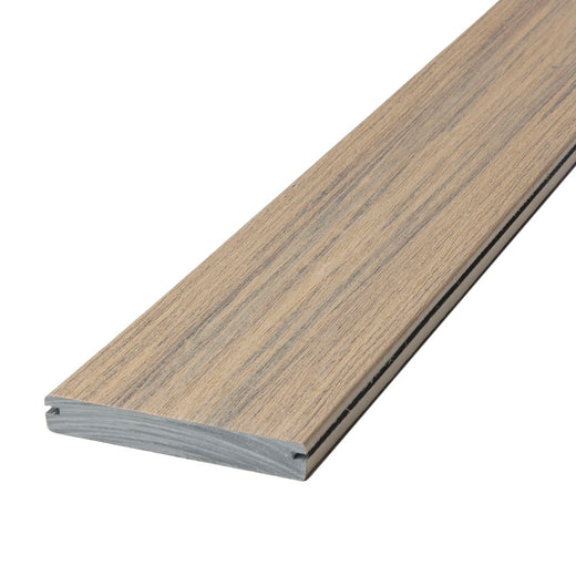 Angled close-up of Deckorators Voyage Grooved Deck Board in Costa