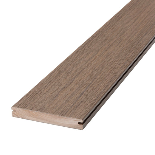 Angled close-up of Deckorators Voyage Grooved Deck Board in Khaya