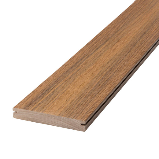 Angled close-up of Deckorators Voyage Grooved Deck Board in Sedona
