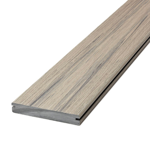 Angled close-up of Deckorators Voyage Grooved Deck Board in Tundra