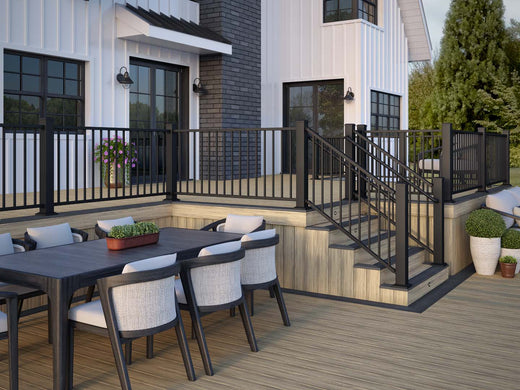 Deckorators Voyage Decking in Costa with Dark Slate, 4 inch post and Contemporary Rail in Textured Black