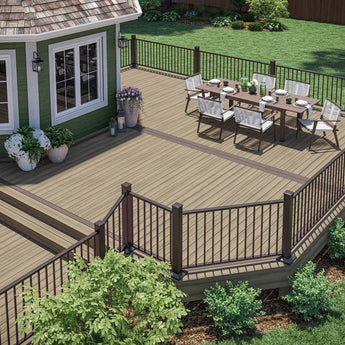 Large Deck Built Out of Deckorators Voyage Decking in Costa and Khaya and Contemporary Rail in Weathered Brown #color_weathered-brown