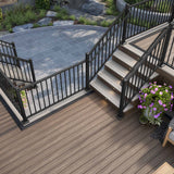 Deckorators Voyage Decking in Khaya and Tundra, Picture Frame Board in Dark Slate and Conteporary Railing in Textured Black #color_khaya