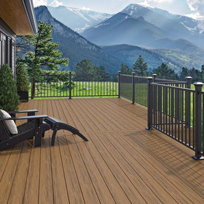 Mountain Landscape with Deck Built Out of Deckorators Decking in Sedona and Contemporary Railing in Textured Black #color_sedona