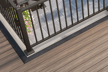 Close-up of Corner of Deckorators Voyage Deck in Tundra with Picture Frame Board in Dark Slate #color_khaya #color_tundra