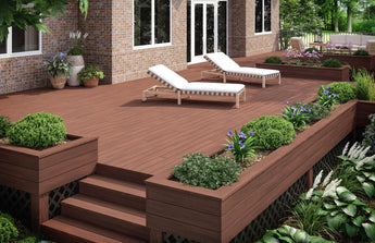 Deckorators for Lowe's Distressed Deck in Cherrywood with Lounge Chairs #color_cherrywood